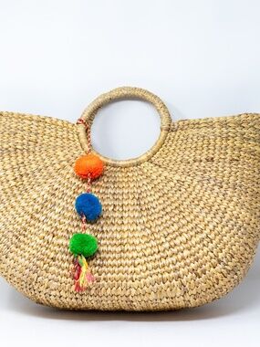 Jadetribe Wicker Straw Woven Braided Oversized Tassel Pom Pom Basket Bag Purse